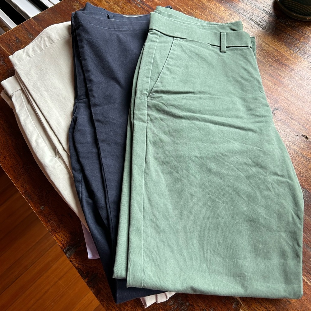 Three men’s Gap straight fit chinos (navy, gray, & green) 32 by 32 ($50 for 3)